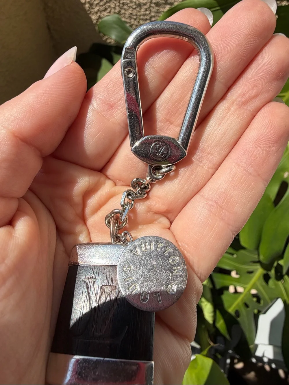 Louis Vuitton Porte Cles Wood Silver Key Ring Bag Charm Keychain Brown